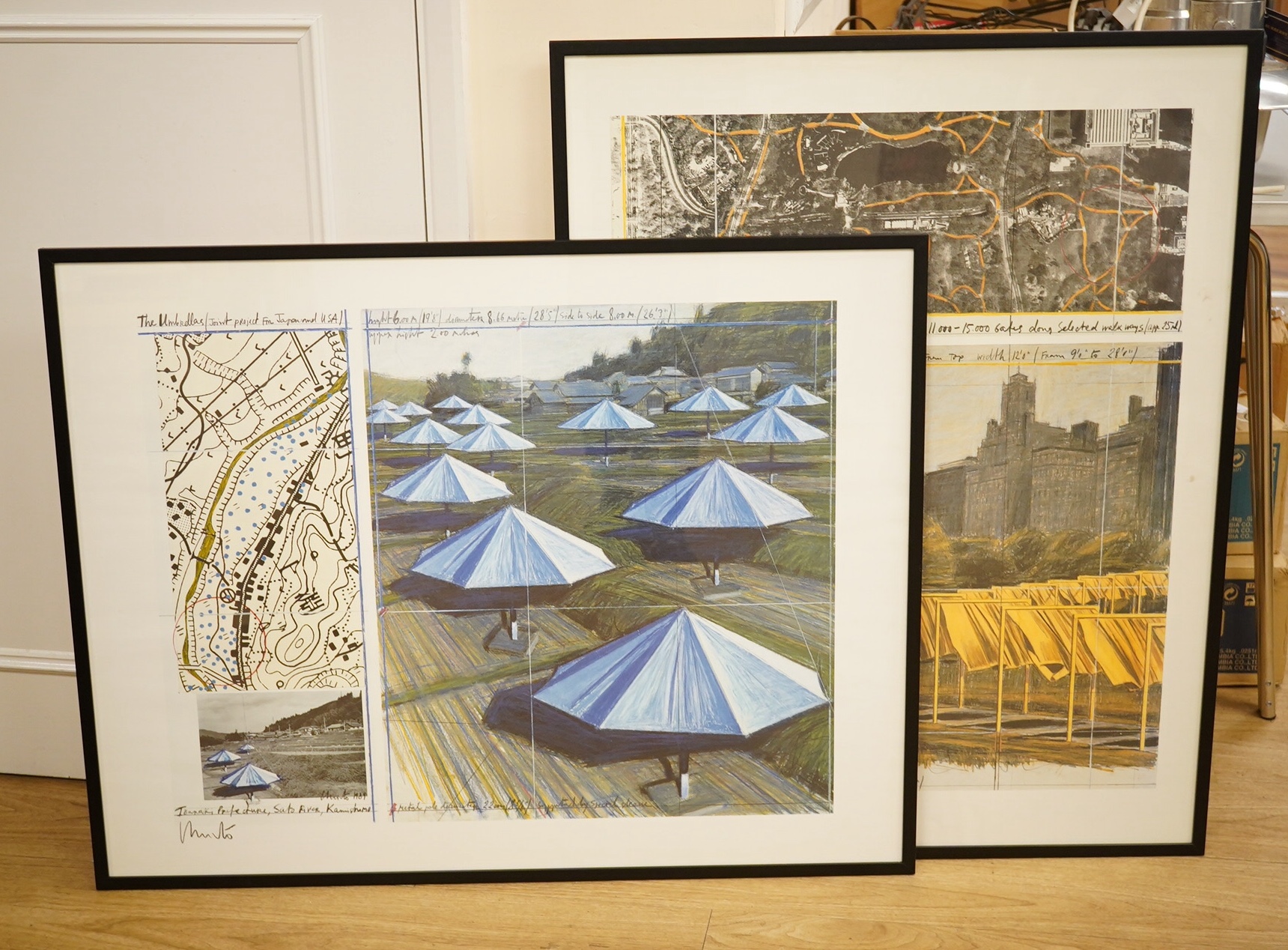 Christo and Jeanne-Claude, two contemporary colour prints, to include 'The Umbrellas, Japan', signed, 69 x 89cm. Condition - good